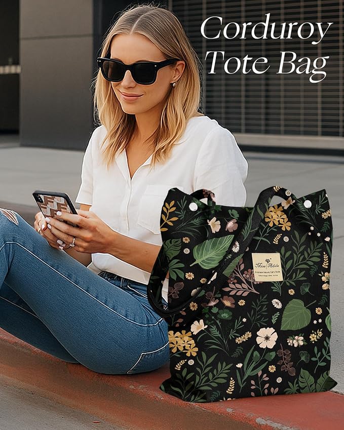 Miss Adola Corduroy Tote Bag for Women with Aesthetic Design | Magnetic Buckle & Pocket, Reusable, Soft, Roomy, Long Shoulder Handles, Double-sided Print, Casual Daily Work, Grocery Bags - Image 6