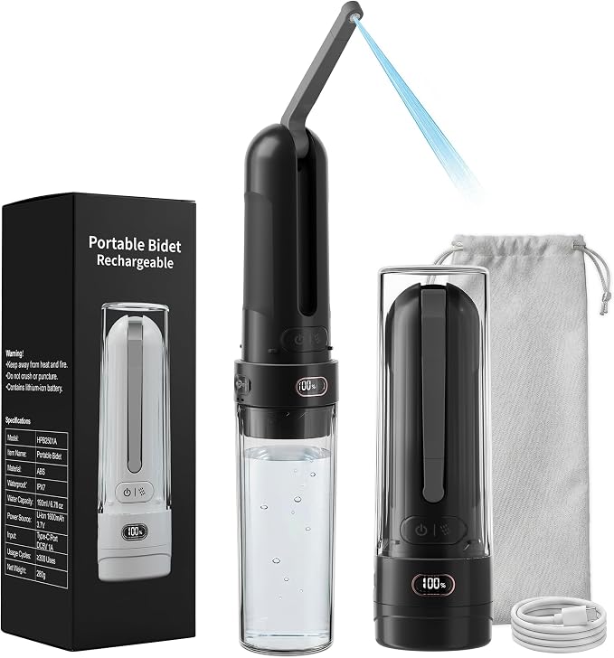 Electric Portable Bidet for Camping & Business Trips, Black | Pocket size whisper-quiet handheld sprayer 3 pressure modes 1600mAh Long-lasting Battery USB-C Rechargable IPX7 Waterproof by WeWiHLTH