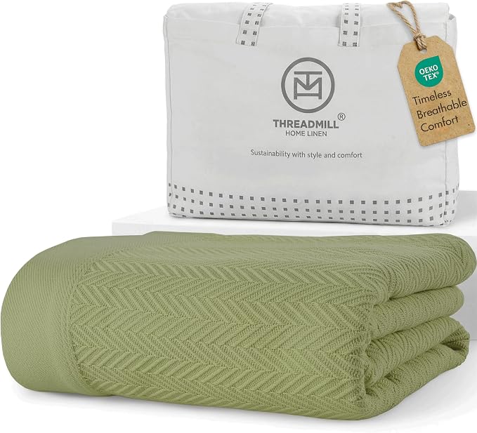 Threadmill Luxury Cotton Blankets for Twin Size Bed | All-Season 100% Cotton Twin Blanket for Bed | Herringbone Soft & Cozy Fall Thermal Blanket, 350GSM, 68x92 inches | Moss Green by ThreadmillHomeLinen