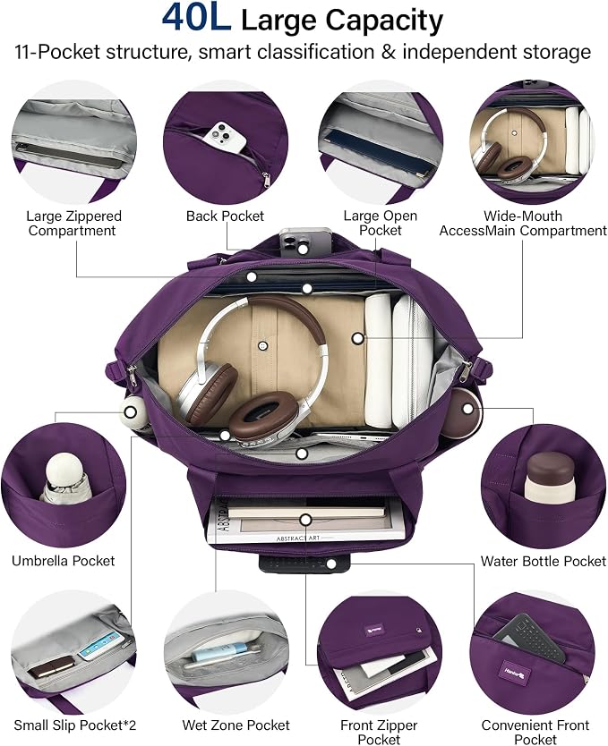 Hanke 40L Foldable Expandable Travel Tote Bag,Wet Dry Separation Laptop Weekender Carry On Bag for Travel Gym Beach Daily Use - Image 6