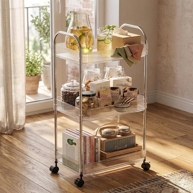 STARLATTA 3 Tier Rolling Cart with Lockable Wheels, Clear Acrylic Utility Trolley with Handle, Heavy-Duty Storage Organizer for Kitchen Bathroom Nursery Laundry - Snack Book Craft Organizer (Clear) by STARLATTA