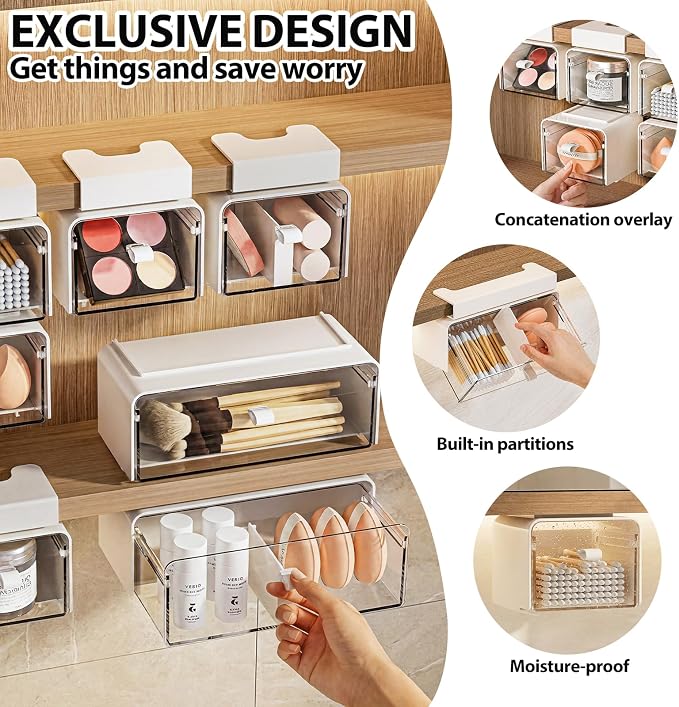 2 Pack Hanging Under Shelf Storage Container, No Drill Adhesive Pull Out Drawer Organizer, Moisture Proof Clear Makeup Organizer for Tables, Home & Office, Counters, Workstation - Image 5