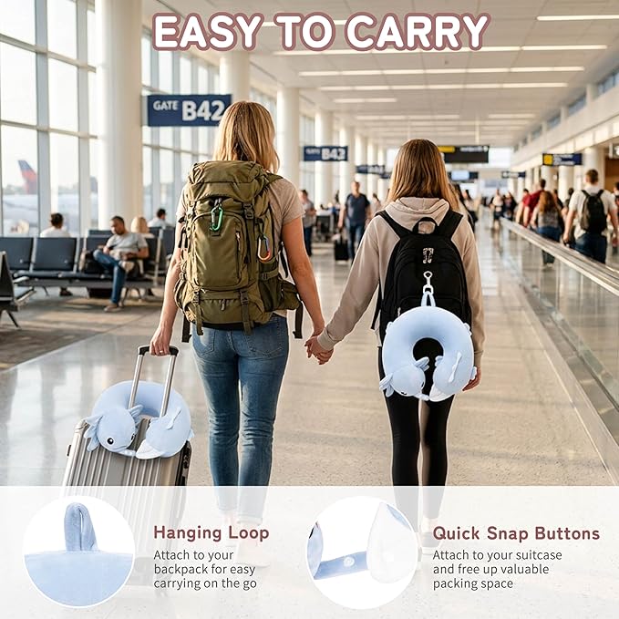 Memory Foam Travel Neck Pillow for Teens and Adults, Blue Axolotl Design | Removable cover, machine washable, 360-degree head & chin support, 17 in neck size for teens and adults, car & airplane use - Image 5
