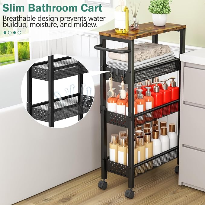 Vivihomety 4-Tier Slim Utility Rolling Laundry Cart with Wheels, Metal | Narrow 7.1" wide, Lockable wheels, wood top panel, metal frame, with handle, for laundry, bathroom, kitchen, black - Image 3