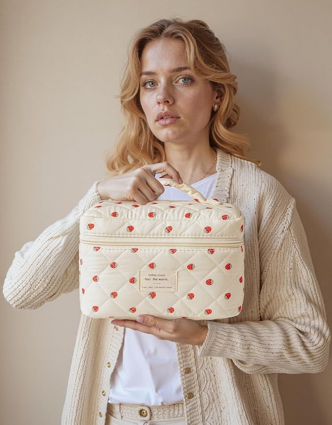 HBselect Quilted Makeup Bag, 3Pcs Cotton Large Travel Makeup Bags Organizer | Cute Floral Make up Bag Cosmetic Bag Toiletry Bag for Women Girls, Makeup Pouch for Skincare, Brushes & Travel Essentials - Image 7