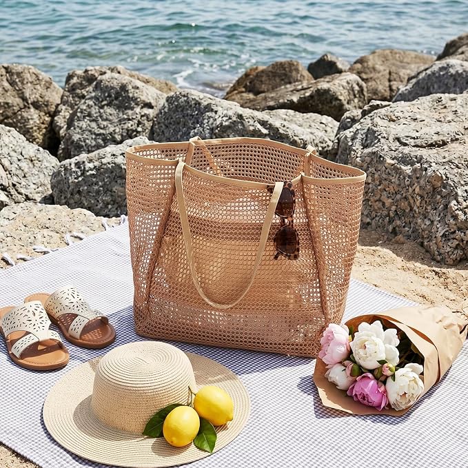 Beach Bag with Mini Pocket, Large Foldable Mesh Tote for Women, Lightweight & Travel Bag for Vacation & Outdoor - Image 2