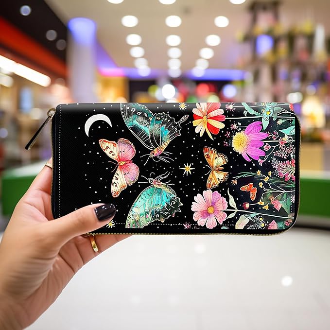 Wallet,Leather Long Wallet Suitable For Ladies And Teenagers - Detachable Wristband + RFID Travel Wallet With Card Slot - Butterfly Moon Flower - Image 4