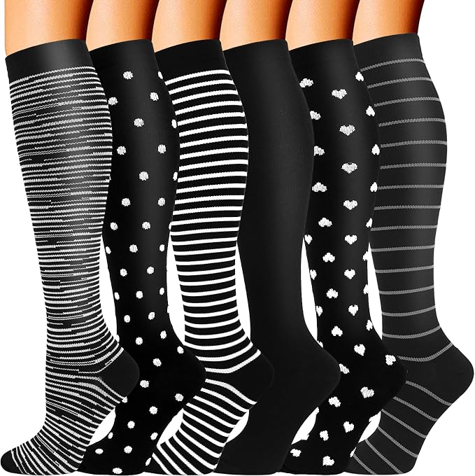 6 Pairs Wide Calf Compression Socks for Men Women 20-30 mmHg Knee High | Plus Size, Circulation Support, Graduated Compression, Tired Legs & Swelling Relief; Moisture Wicking, Sports, Travel, Flying by DoubleCouple