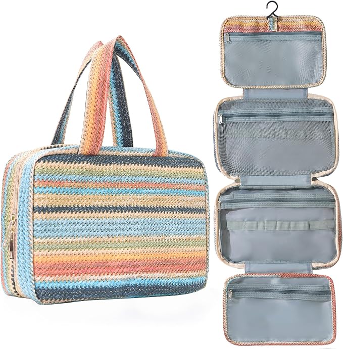 Toiletry Bag with Hanging Hook Straw Rainbow Stripes Cosmetic Bag Water-resistant Travel Bag Preppy Makeup Bag for Store Toiletries Cosmetic Accessories and Sets for Women Blue by Unknown