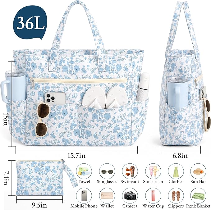 Large Beach Bags for Women, Waterproof Sandproof Beach Tote Bags Swim Pool Bags with Zipper & Wet Pocket Family - Image 6