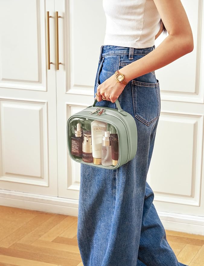 Clear Cosmetic Bag Double Layer Travel Toiletry Bag Clear Makeup Bag Case with 4 Compartments, Transparent Travel Bag for Toiletries, Large Toiletry Bag for Women Cosmetic Case (Sage Green, Small) - Image 8