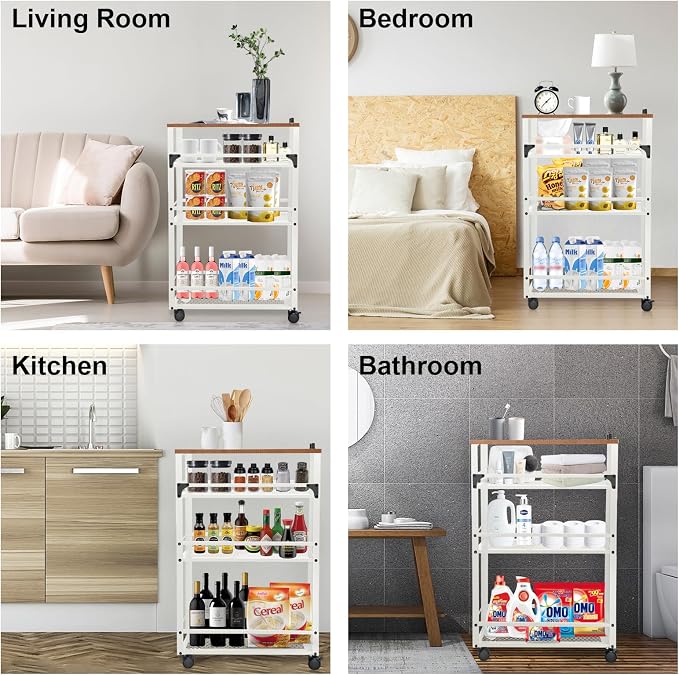 3-Tier Rolling Cart Slim - White Laundry Bathroom Kitchen | Steel Frame, Mesh Baskets, for Small Spaces, 110 lb Capacity, 4 Wheels 2 Lockable, Utility Storage Snack Coffee Craft - Image 5