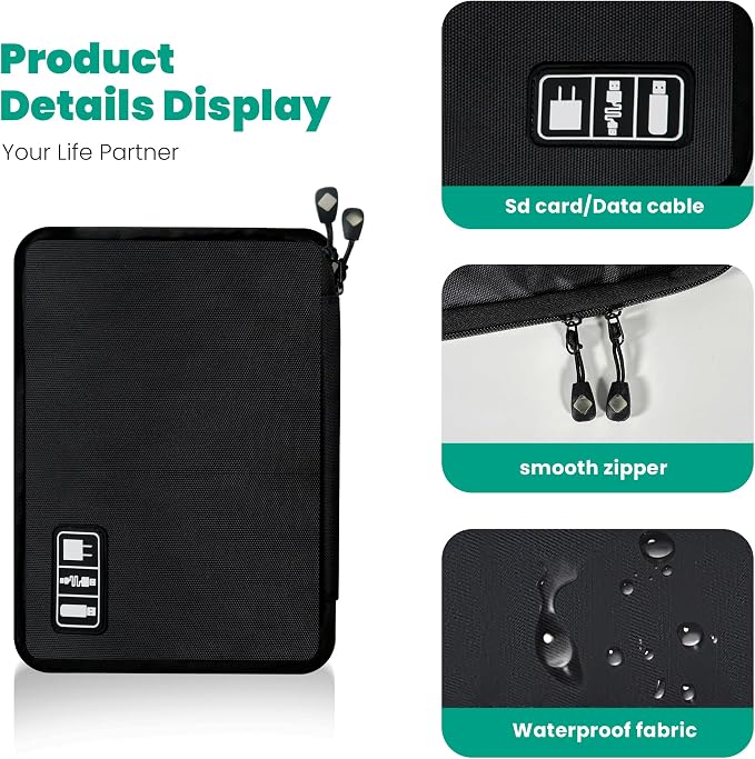 Cord Organizer Travel, Electronics Organizer Tech Pouch - Portable Cable Organizer Bag for Cords, Charger, Phone, SD Card, Power Bank for Travel & Daily Use -Black Green - Image 5
