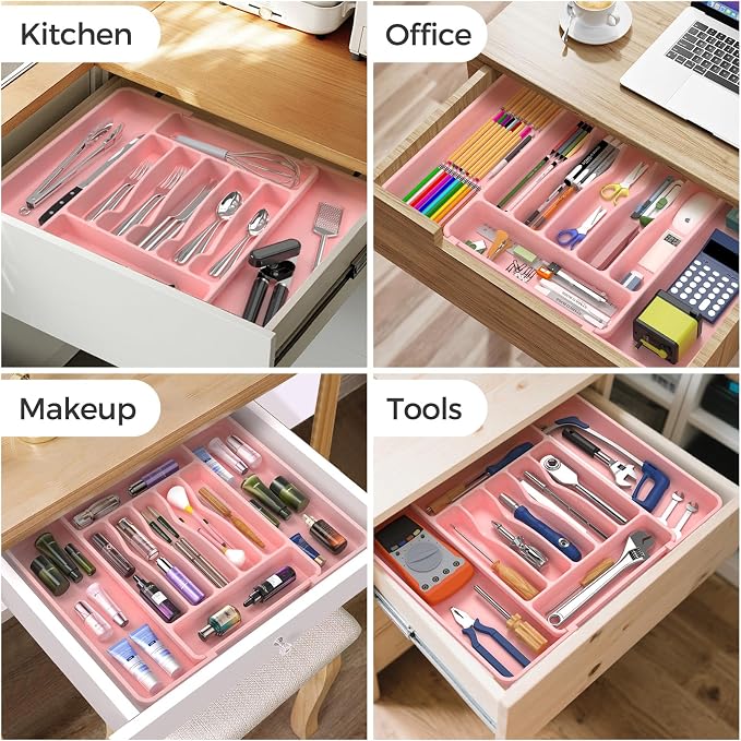 ukeetap Extra Large Expandable Silverware Organizer, Flatware Tray, Pink | BPA-Free Food-Safe Kitchen Utensil Cutlery Drawer Organizer, Adjustable Silverware Holder for Spoons Forks Knives - Image 8