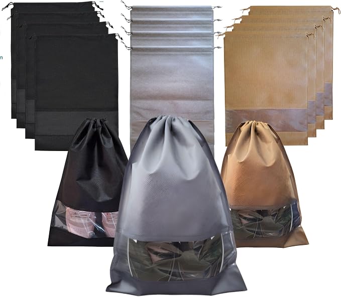 12 PCs Shoe Bags for Travel, Packing, Storage, Organizing & Suitcase. Reusable Dustproof & Water Resistant Sneakers Pouch Protectors with Clear Window & Drawstring. Laundry & Toys (Sand, Gray & Black) by SPLANDIN