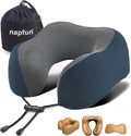napfun Neck Pillow for Travel, Memory Foam Airplane Pillow, Deep Blue | 360° Neck Support, Upgraded 100% Memory Foam for Airplane, Car, Train, Bus, Office Sleep, Travel Essentials for Long Flights by NAPFUN