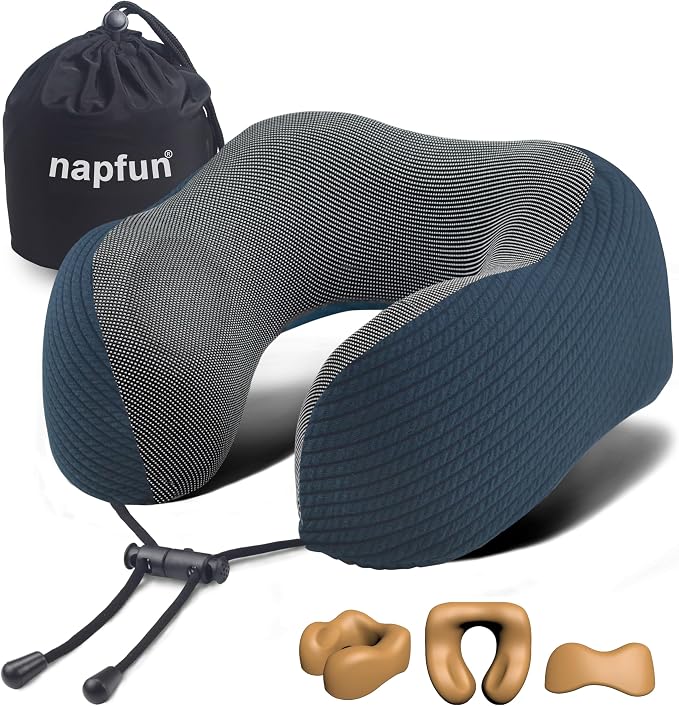 napfun Neck Pillow for Travel, Memory Foam Airplane Pillow, Deep Blue | 360° Neck Support, Upgraded 100% Memory Foam for Airplane, Car, Train, Bus, Office Sleep, Travel Essentials for Long Flights by NAPFUN