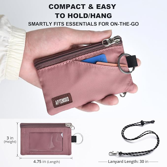 RFID Blocking Travel Wallet with Adjustable Lanyard, Small Nylon Zipper Pouch and Badge Holder for ID, Credit Cards, Cash, Keys, Commuters (Warm Mauve) - Image 4