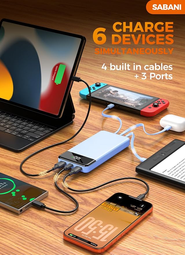SABANI Portable Charger 35000mAh Power Bank, 4 Built in Cable Big Capacity | Ultra Slim, 22.5W Fast Charge, Travel Camping Essential, USB C External Battery Pack for iPhone Samsung Android, Azure - Image 4