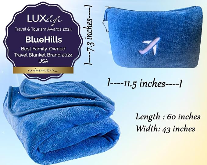 BlueHills Soft Plush Mini Travel Blanket Pillow Plane Essentials Royal Blue | Premium Soft Case, Luggage Belt & Backpack Clip, Compact Pack Airplane & Car Portable, Cruise Travel Size Accessories Comfort - Image 4