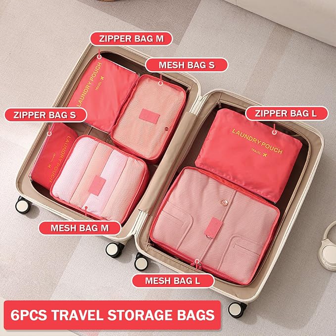 6 Set Packing Cubes for Travel Luggage Organizer Bags Reusable washable Suitcase Packing Cubes Set Travel Accessories Essentials (Watermelon Red‌) - Image 4