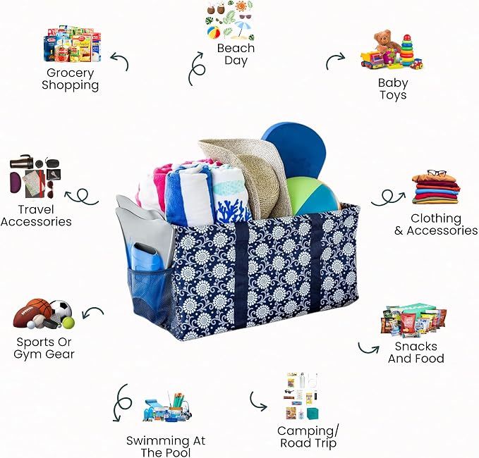 Extra Large Utility Tote Bag - Oversized Collapsible Reusable Wire Frame Rectangular Canvas Basket With Two Exterior Pockets For Beach, Pool, Laundry, Car Trunk, Storage - Navy Sunflower - Image 3