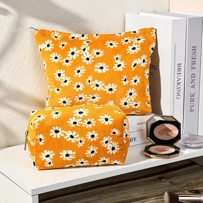 SOIDRAM 2 Pieces Flower Makeup Bag Large Cosmetic Bag Capacity Canvas Mix Travel Toiletry Bag Organizer Cute Makeup Brushes Aesthetic Accessories Storage Bag for Women,Little Flower Mix Yellow - Image 2