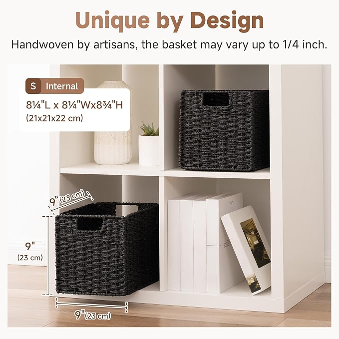 StorageWorks 9 inch Cube Storage Bins, Wicker Storage Cubes, Black Basket | 2-Pack, Handwoven Wicker Basket for Storage, Foldable Paper Rope Baskets for Organizing, Black Storage Bins,Cube Storage Bins - Image 3