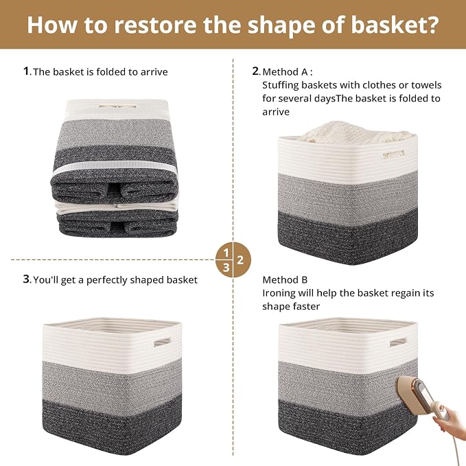 OIAHOMY 13 Inch Cube Storage Bins, 3-Pack Cotton Rope Woven Baskets for Organizing, Insert Storage Baskets for Shelves, Baby Nursery, Closet Organizer, 13 * 13 * 12.6IN, Gradient Gray - Image 7