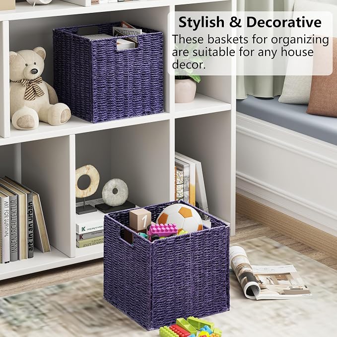 Wicker Storage Basket, Set of 2 Hand-Woven Wicker Basket, 11 inch Storage Basket, Foldable Cube Storage Organizer Bins, Storage Baskets for Organizing Shelves Decor, Purple (11″×11″×11″) - Image 3