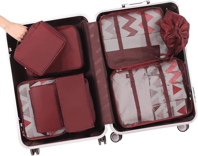 BAGAIL 8 Set Packing Cubes Luggage Packing Organizers for Travel Accessories-Wine Red - Image 7