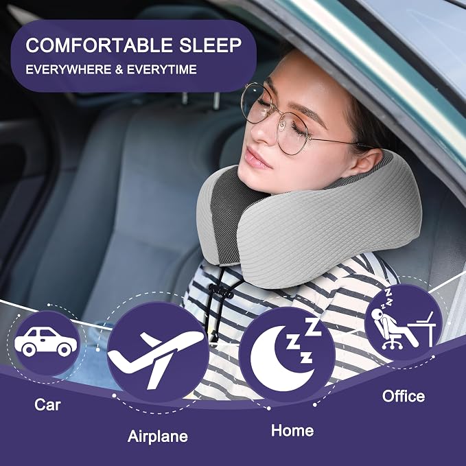 napfun Neck Pillow for Travel, Memory Foam Airplane Pillow, Mist Gray | 360° Neck Support, Upgraded 100% Memory Foam for Airplane, Car, Train, Bus, Office Sleep, Travel Essentials for Long Flights - Image 6