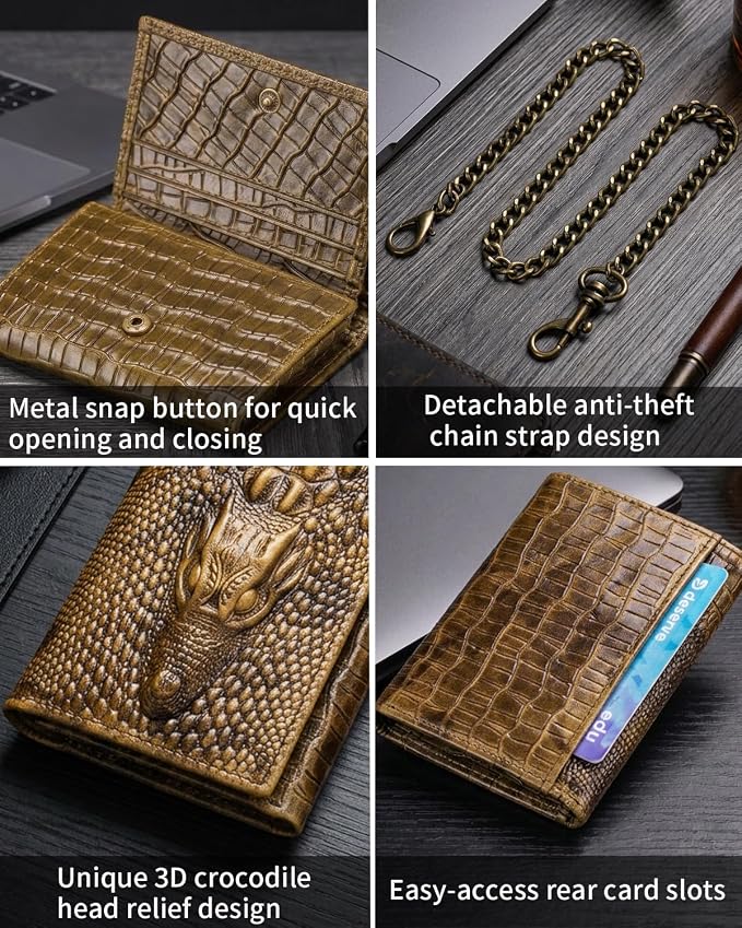 STEELLION Men's Trifold Wallet, Cowhide, 13 Card Slots, ID Window, RFID | Croc-embossed cowhide with a removable chain; practical organization for office, travel, and everyday carry (Brown) - Image 7