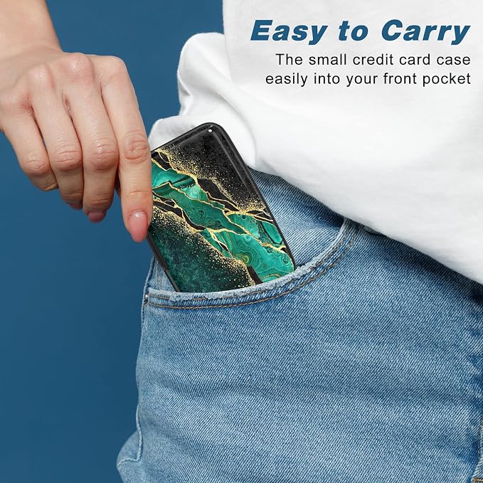 Credit Card Holder, Mini Aluminum Card Wallet RFID Blocking Slim Metal Hard Card Case for Women Men, Green Black Marble - Image 6