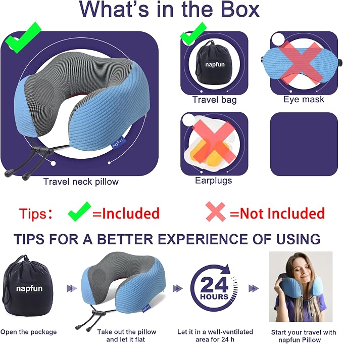 napfun Neck Pillow for Travel, Memory Foam Airplane Pillow, Sky Blue | 360° Neck Support, Upgraded 100% Memory Foam for Airplane, Car, Train, Bus, Office Sleep, Travel Essentials for Long Flights - Image 5