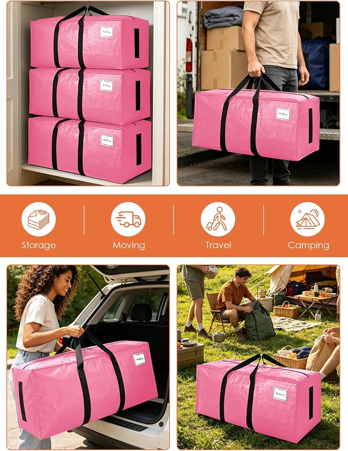 SWEET DOLPHIN 8 Pack 200LB Heavy-Duty Moving Bags with Wrap-Around Handles, Extra Large Storage Totes for Space Saving, Clothes Storage Bags, College Dorm Essentials, Pink, 24 Gal - Image 6