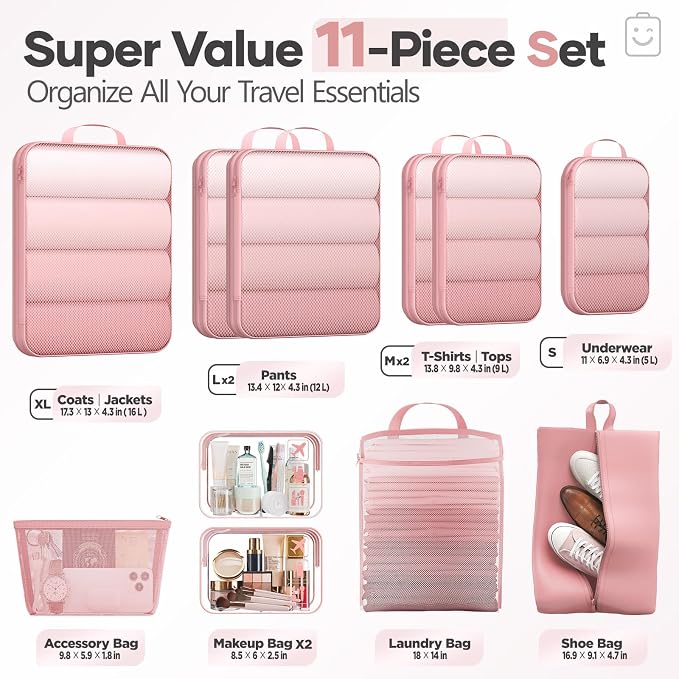 Veken 11 Set Compression Packing Cubes Garment Bags for Travel Essentials,Compressible Expandable Luggage Organizer Bags for Clothing,Space Saver Bags with Over 1000 pcs of Mesh Holes(Pink) - Image 2