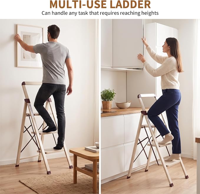 Step Ladder 3-Step White Finish Folding Ladders | Anti-slip Sturdy Foldable Ladder Step Stool for Kitchen Home Office Libaray - Image 6