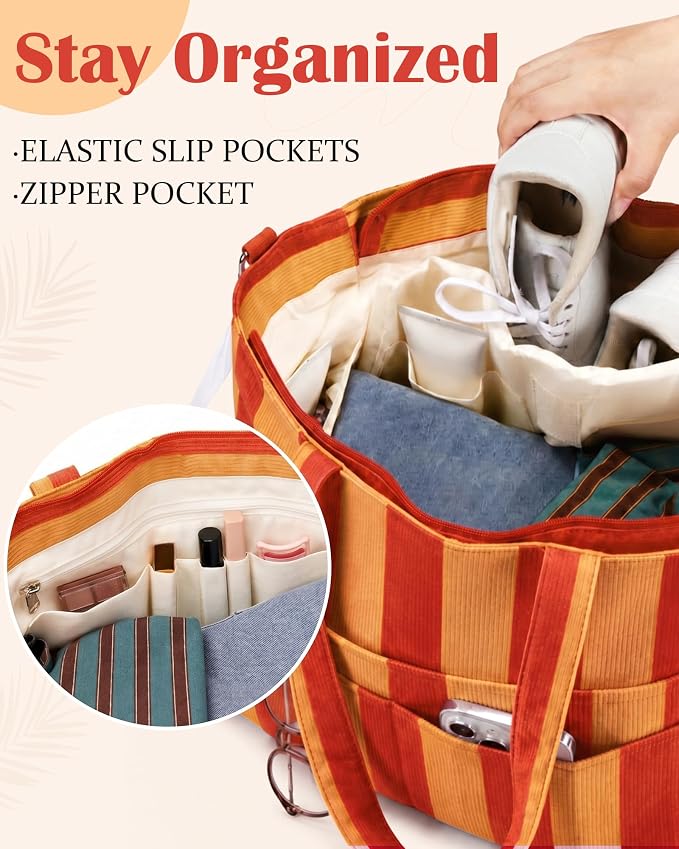 Kacctyen Striped Beach Tote Bag for Women Large Beach Foldable Tote Bag with Zipper Pockets for Travel Pool - Image 6