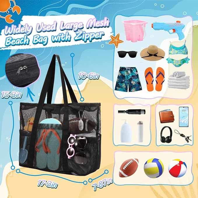Tagitary Mesh Beach Bag with Zipper Large Beach Tote Waterproof Sandproof with 8 Pockets for Toys Pool Bag Beach Accessories - Image 4