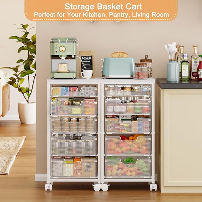 Kitchen Storage Cart with Wheels, 5-Tier Fruit Vegetable Storage Cart, Kitchen Organizer and Storage Cart with Drawers, Wooden Top Metal Wire Pantry Storage Cart for Fruit Snack Onion Potato, White - Image 4
