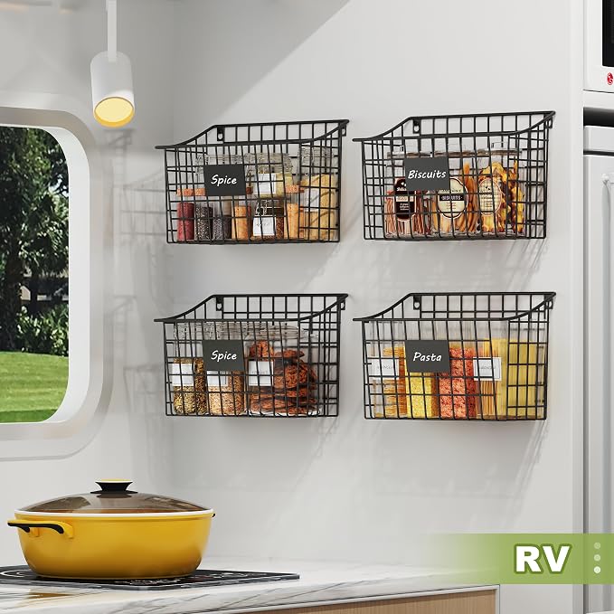 Wall Basket with Label Plate & 5 S-Hooks –4 Pack Hanging Wire Basket for Organizing, Wall Storage for Kitchen, Bathroom, Pantry, Laundry, RV – Hanging Wall Basket, Metal - Image 9