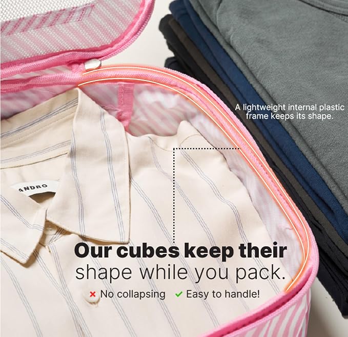 LeanTravel Premium Compression Packing Cubes for Travel - Suitcase Organizer Bags with Double Zipper & Breathable Mesh Panel - Space Saving Carry On Luggage Essentials (6-Pack, Pink Stripes) - Image 4