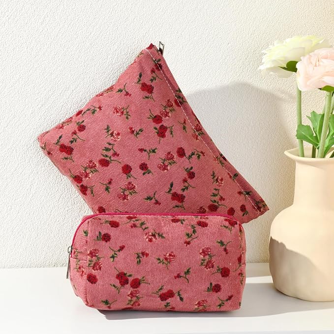 SOIDRAM 2 Pieces Rose Makeup Bag Large Cosmetic Bag Capacity Canvas Mix Travel Toiletry Bag Organizer Cute Makeup Brushes Aesthetic Accessories Storage Bag for Women, Rose Mix Green Red - Image 3
