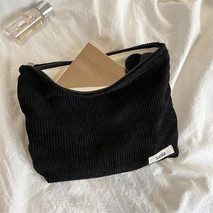 Cosmetic Bags for Women - Corduroy Cosmetic Bag Aesthetic Women Handbags Purses Smile Dots Makeup Organizer Storage Makeup Bag Girls Case Bags (Pure Black) - Image 3