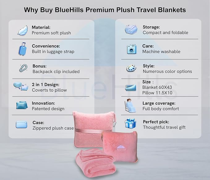 BlueHills Premium Soft Travel Blanket Pillow Airplane 2 in 1 - Light Pink | Large Travel Size Blanket Throw in Compact Case, Long Flight Essentials, Lightweight & Portable, Carry on Airplane Comfort - Image 2