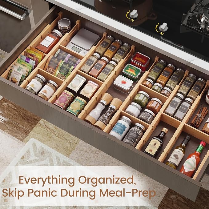 Bamboo Drawer Dividers 8 Pack with Inserts, Kitchen Adjustable Drawer Organizers for Home, Bedroom, Dresser, Expandable Organization 8 Dividers with 16 Inserts - Image 5