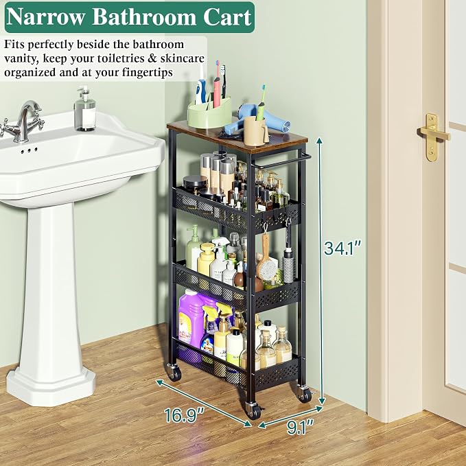 OKZEST 4-Tier Slim Rolling Storage Cart for Bathroom, Laundry Room, Kitchen | Upgraded metal hub casters, Narrow utility cart for small space/gaps, Premium wood top & metal mesh shelf, with handle & hook - Image 5