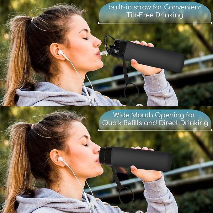 Collapsible Water Bottles 20oz, Odorless BPA-Free Silicone, Leak-Proof Foldable Reusable Bottle - Perfect for Cruise Travel Sports Gym Hiking Camping Cycling - Black - Image 7