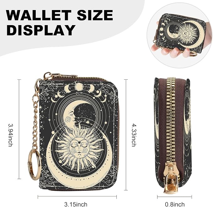 Credit Card Holder for Women,Small Rfid Wallet with Keychain Zipper,Cute PU Leather Card Case Wallet，Accordion Credit Card Wallets Gift,Sun Moon Face - Image 4